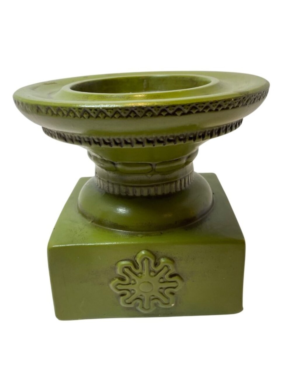 Vintage Green Ceramic Candle Holder Made In Japan With Embossed Floral Design &